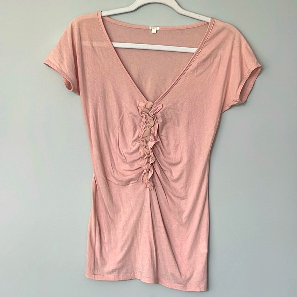 J Crew Pink/Peach V Neck Ruched T  Capped Sleeve Lightweight 💯Cotton X Small